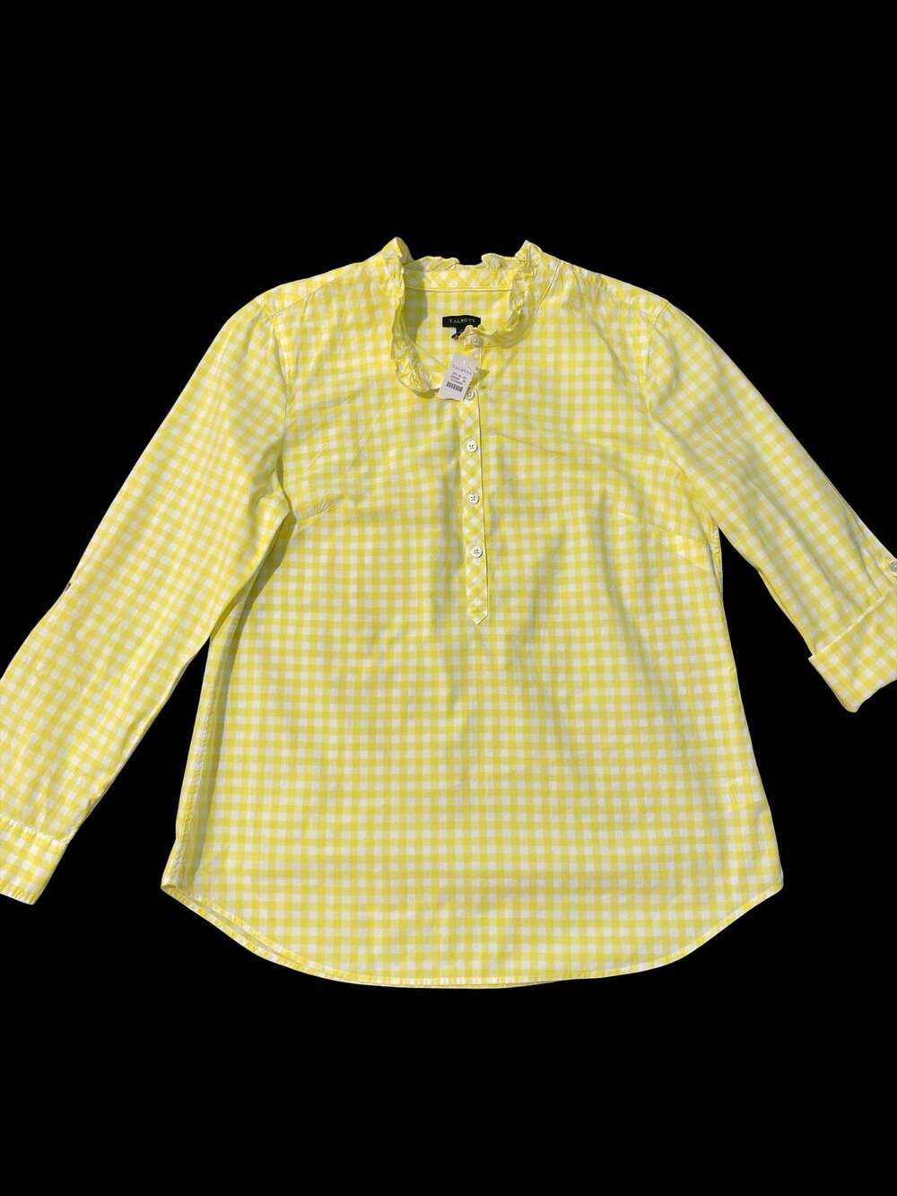 Talbots yellow and white gingham check blouse with long or button up sleeve opti
